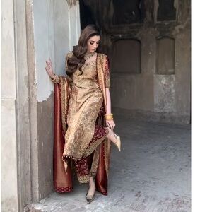 Haris Shakeel original Elegant Gold and Red Traditional Outfit